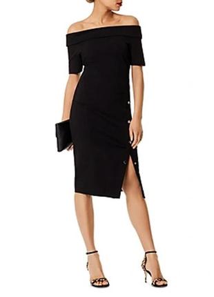 Вечірня брендова коктейльна чорна сукня міді з розпіркою і спущеними плечима