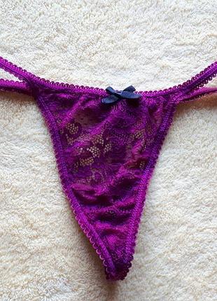 Новые лиловые фиолетовые темно розовые кружевные трусики танга бикини стринги крудево с цветами с/8/36/44 no secret