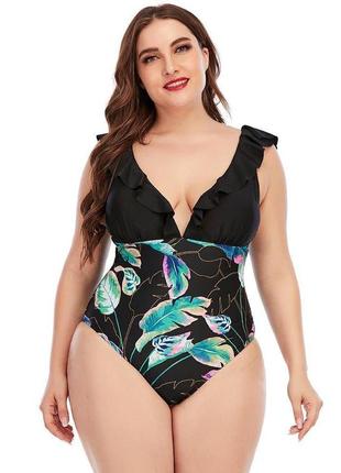 Plus size купальник суцільний чорний з малюнком ліф+трусики жіночий