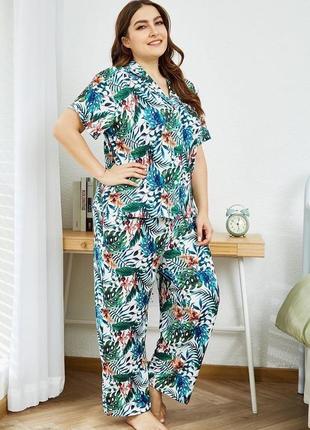 Plus size жіноча піжама з тропічним принтом бавовна/віскоза футболка+штани