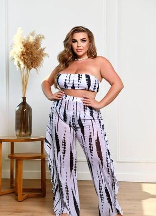 Plus size пляжний костюм жіночий чорно-білий ліф+трусики+штани5 фото
