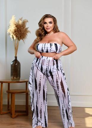 Plus size пляжний костюм жіночий чорно-білий ліф+трусики+штани7 фото