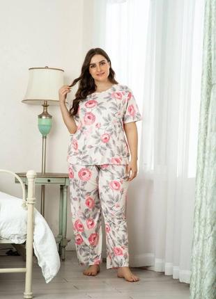Plus size жіноча піжама з трояндами бавовна/віскоза футболка+штани