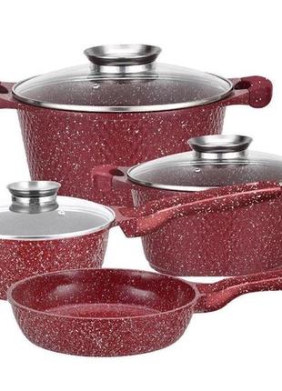 Набір посуду з мармуровим антипригарним покриттям higher kitchen нк-315 (червоний, зелений, кава)4 фото