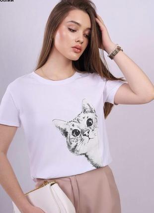 Белая футболка футболка с котиком