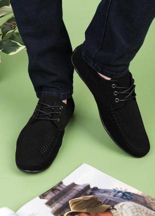 Стильные черные замшевые мужские туфли мокасины с перфорацией летние дышащие1 фото