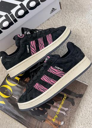 Неймовірні жіночі кросівки adidas campus 00s black pink zebra чорні з рожевим принтом зебра