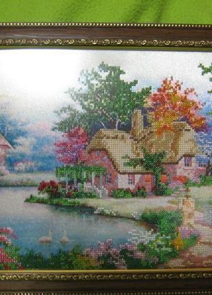 Вышитая картина чешским бисером "домик мечты", подарок, ручная работа