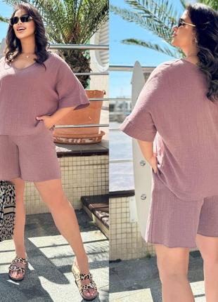 Женский летний льняной костюм футболка и шорты лен лето xxl xl 2xl 3xl 4xl 2хл 3хл 4хл 4хл хл