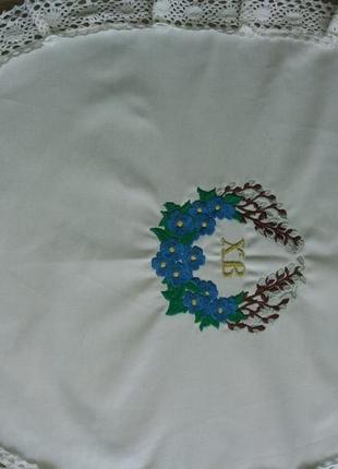 Пасхальная салфетка из хлопка с ажурным хлопковым кружевом и вышивкой ручной работы (для корзины)