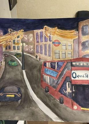 Картина акварелью "новогодние улицы лондона"