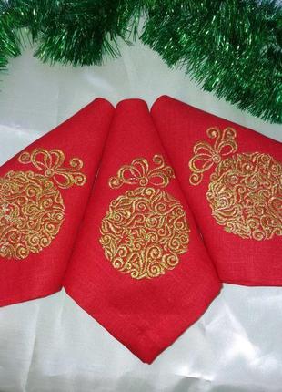 Комплект новорічних сервірувальних серветок з льону з вишивкою 6 шт