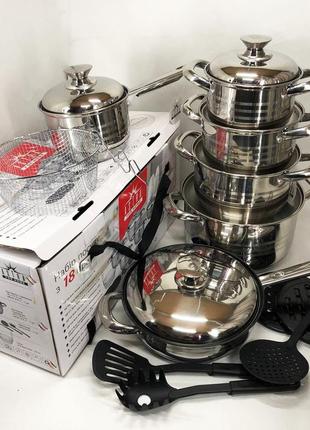 Набір посуду 18 предметів astra a-2518, каструлі з нержавіючої сталі, каструлі з...