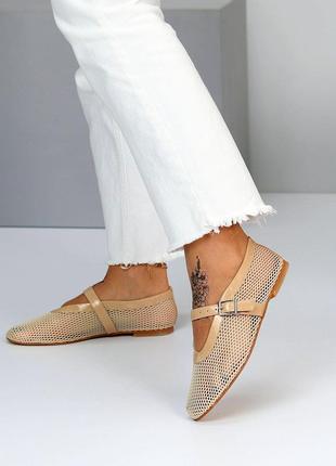 Крутезні жіночі літні балетки туфлі мері джейн бежеві сітка турція7 фото