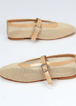 Крутезні жіночі літні балетки туфлі мері джейн бежеві сітка турція5 фото