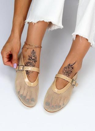 Крутезні жіночі літні балетки туфлі мері джейн бежеві сітка турція8 фото