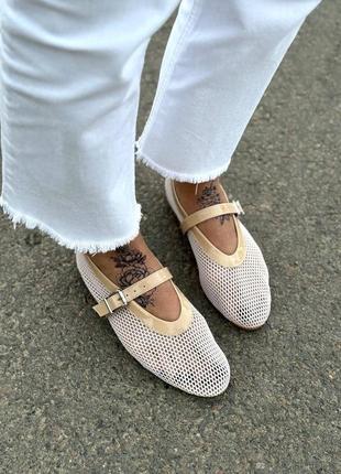 Крутезні жіночі літні балетки туфлі мері джейн бежеві сітка турція3 фото