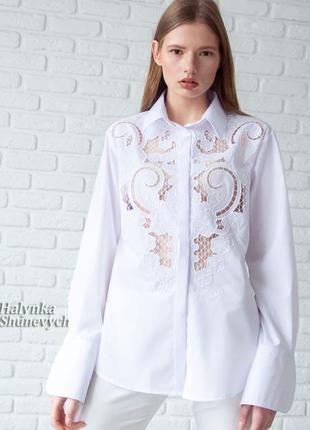 Белая хлопковая кружевная вышитая женская рубашка ришелье. эксклюзивная нарядная блуза. вышиванка2 фото