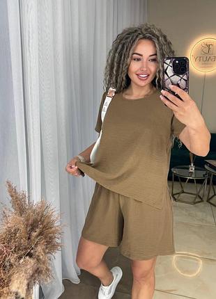 Женский летний костюм из креп жатки кофта и шорты на резинке размеры 42-52