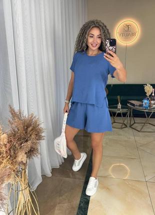 Женский летний костюм из креп жатки кофта и шорты на резинке размеры 42-52