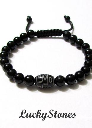 Мужской браслет из черного оникса и бусины дзи "9 глаз".