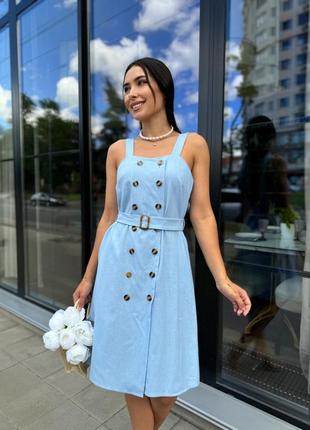 Сарафан льняной женский с поясом на пуговицах с широкими бретелями длина до колена прямой а силуэта голубой лен платье