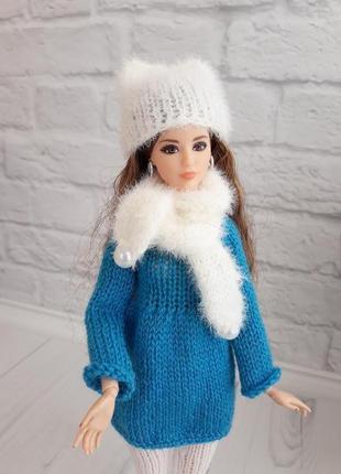 Одяг для ляльок барбі комплект "сніжинка" шапочка з вушками, подарунок дівчинці2 фото