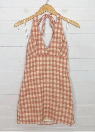 Пудрове плаття в клітинку сукня на шию коротке плаття з відкритою спиною сукня міні плаття бавовна сукня клітинка плаття y2k сукня5 фото