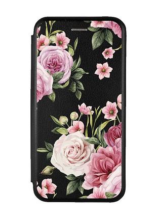 Чехол-книжка с рисунком для xiaomi redmi 9 черный :: розовые цветы (принт 287)
