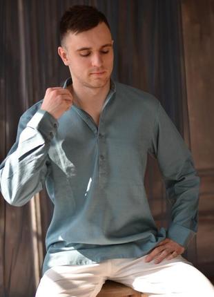 Чоловіча сорочка з 100% льону з коміром стійка і закатывающимися рукавами2 фото