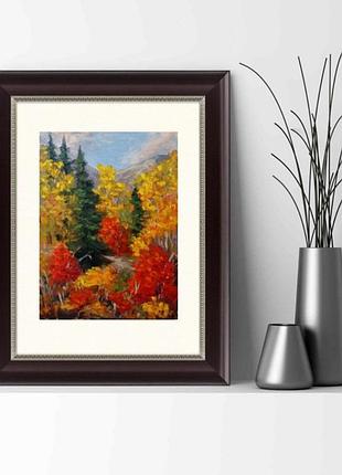 Картина маслом на бумаге 21/28 см осенний пейзаж