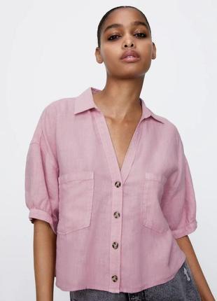 Рожева укорочена лляна сорочка оверсайз zara