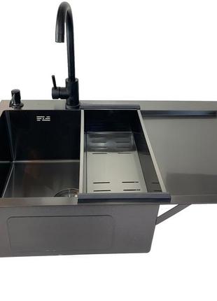 Кухонная мойка gappo gs7850 черный pvd(чаша слева)+смеситель+корзинка+дозатор