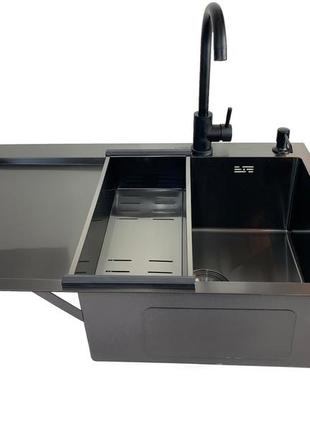 Кухонная мойка gappo gs7850 черный pvd(чаша справа)+смеситель+корзинка+дозатор