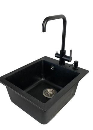 Кухона мийка vector front 42*50 см чорний + дозатор + сифон + змішувач з підключенням до фільтру