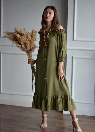 Оливковое льняное платье с открытыми плечами olive peasant dress