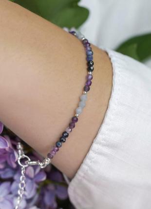 Браслет натуральный аметист, ангелит, кианит фур-ра гип-ный сплав цвет серебро d-3мм+- l-18-23см