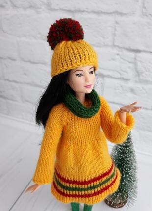 Одяг на барбі, зимовий наряд на барбі жовтий + зелений, подарунок дівчинці4 фото