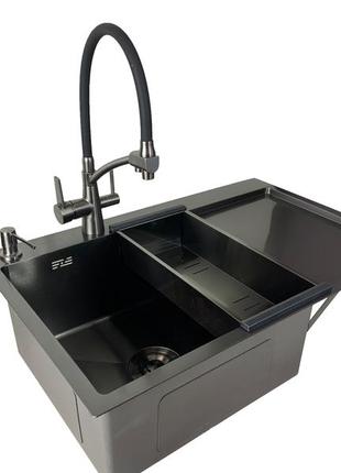 Кухонная мойка gappo gs7850 черный pvd(чаша слева)+смеситель с подключением к фильтру+корзинка+дозатор