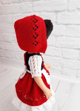 В'язана одяг на ляльку паола 32 см, костюм червоної шапочки для ляльки, подарунок дівчинці7 фото