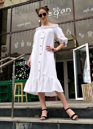 Літнє лляне плаття з відкритими плечима і пишними рукавами linen dress