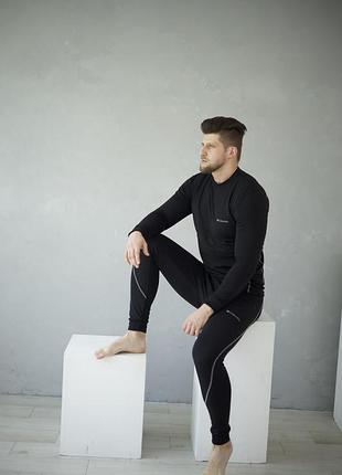 Термобелье мужское зимнее флисовое спортивное черное, набор термобелья флисовый костюм...