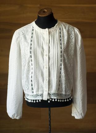 Біла котонова блузка з прошви жіноча zara, розмір s