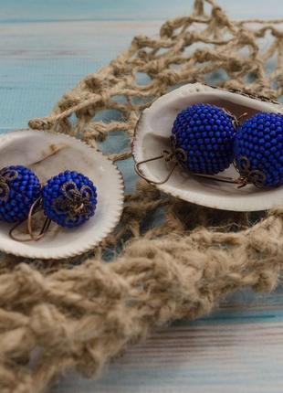 Серьги-шары из бисера матовые синие, 2 размера8 фото