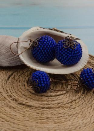 Серьги-шары из бисера матовые синие, 2 размера7 фото