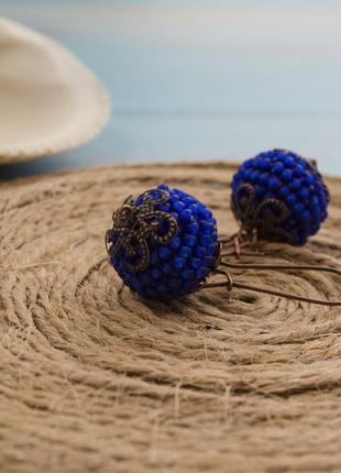 Серьги-шары из бисера матовые синие, 2 размера3 фото