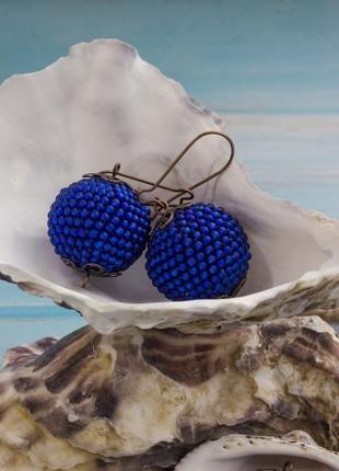 Серьги-шары из бисера матовые синие, 2 размера5 фото