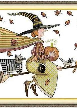 Набор для вышивания по нанесённой на канву схеме "the witch and the cat". aida 14ct printed, 29*21 см
