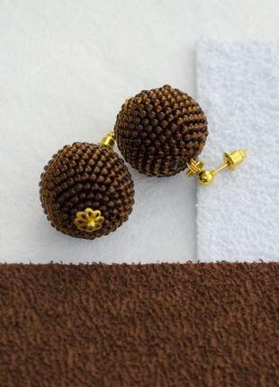 Серьги-шары из бисера тёмно-коричневые, диаметр 2,5см3 фото