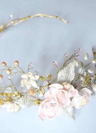 Прикраса для зачіску з квітами, перлами і кристалами в рожево золотих тонах5 фото